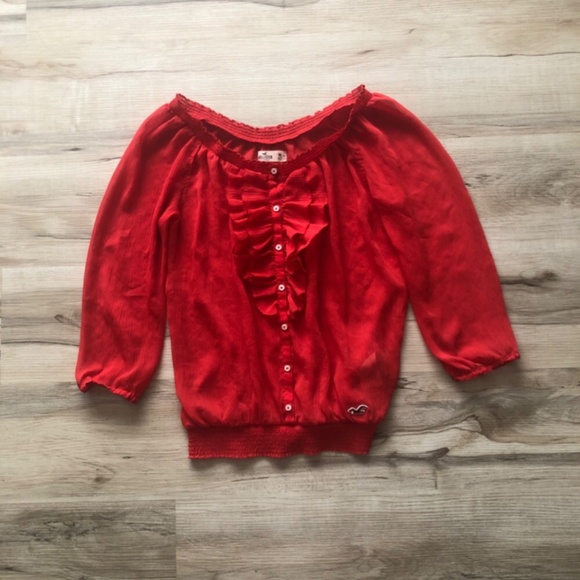 Hollister Sheer Red Blouse with Ruffle Front - Picture 3 of 6